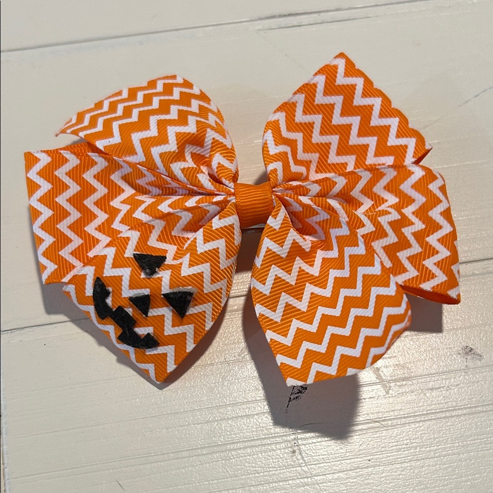 Orange Chevron Hair Bow with Pumpkin Design